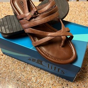 Faux leather sandals. Never worn. Size 8. Thong between toes with straps.